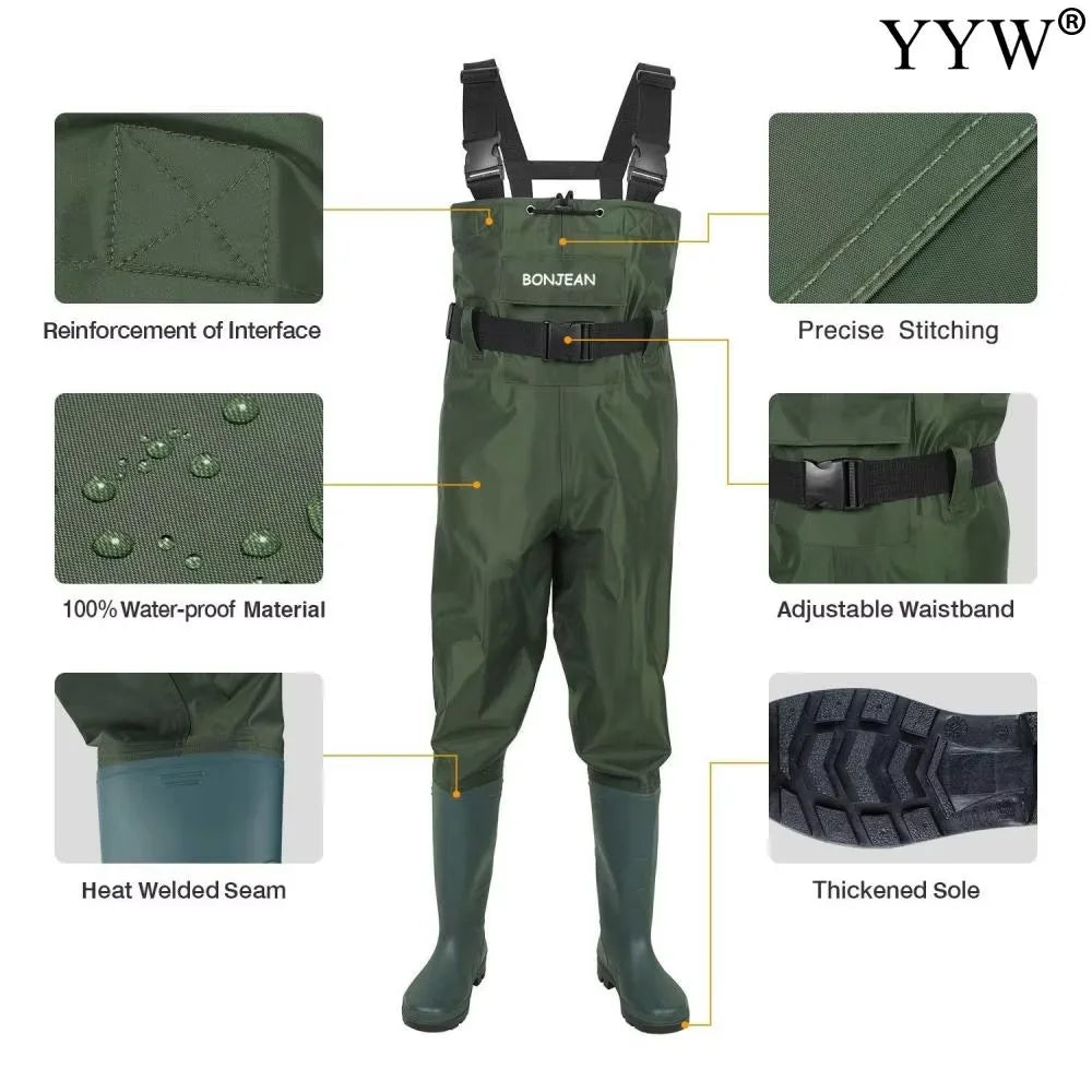 Waterproof Fishing Waders Pants Chest-Length Wader With Boots Durable Breathable