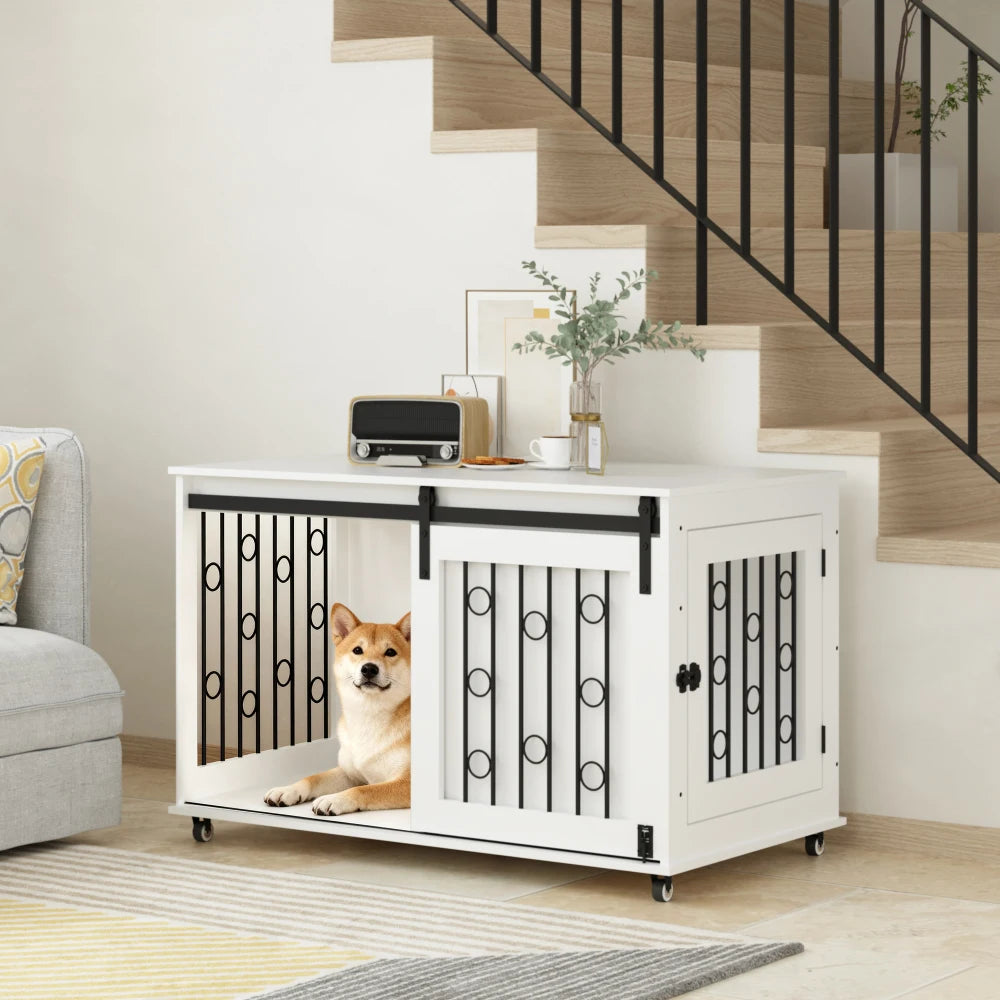 Modern Wooden Dog Crate Furniture with Sliding Barn Door and Side Door, Indoor Dog Kennel