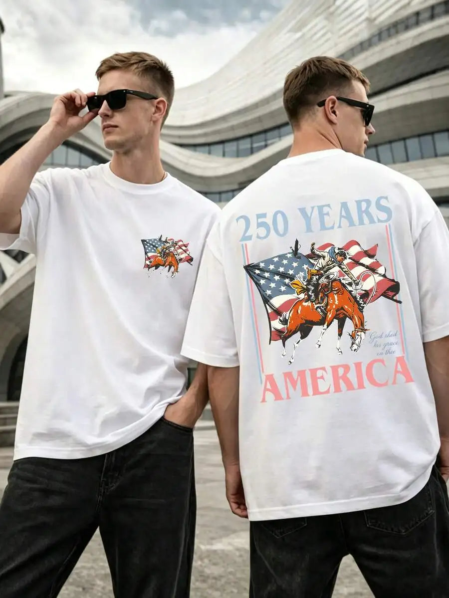 Patriotic Cowboy Horse Graphic T-Shirt For Men Faith Family Freedom 4th Of July Cotton Tee
