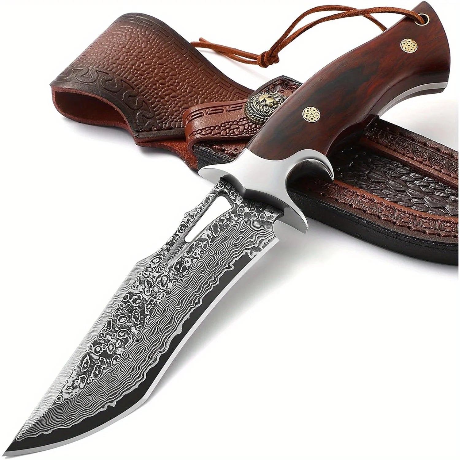 Damascus advanced straight knife, wooden handle and leather scabbard, fast cutting