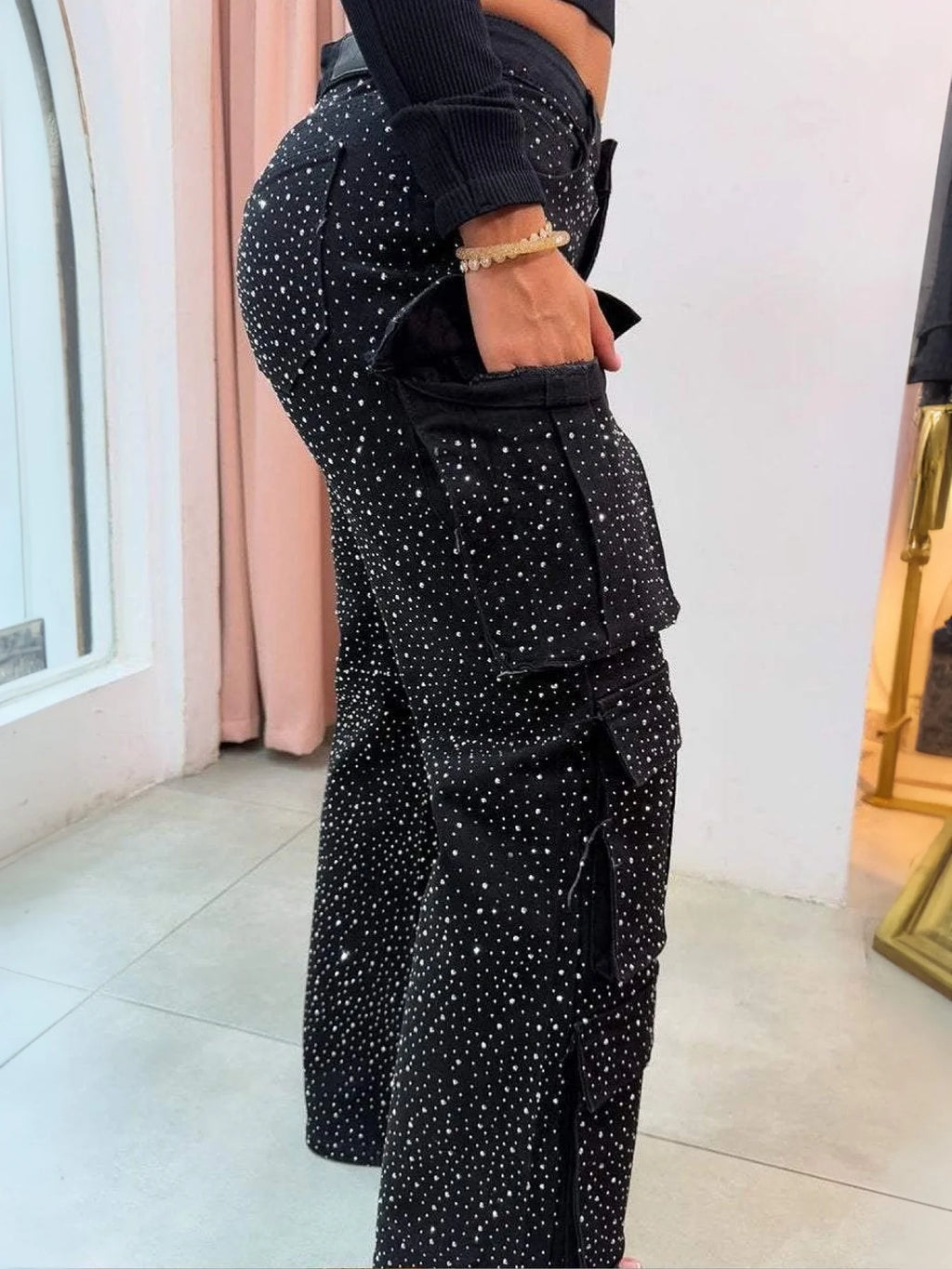 Waist Black Rhinestone Multi-Pocket Work Jeans, Street Style, Straight Jeans