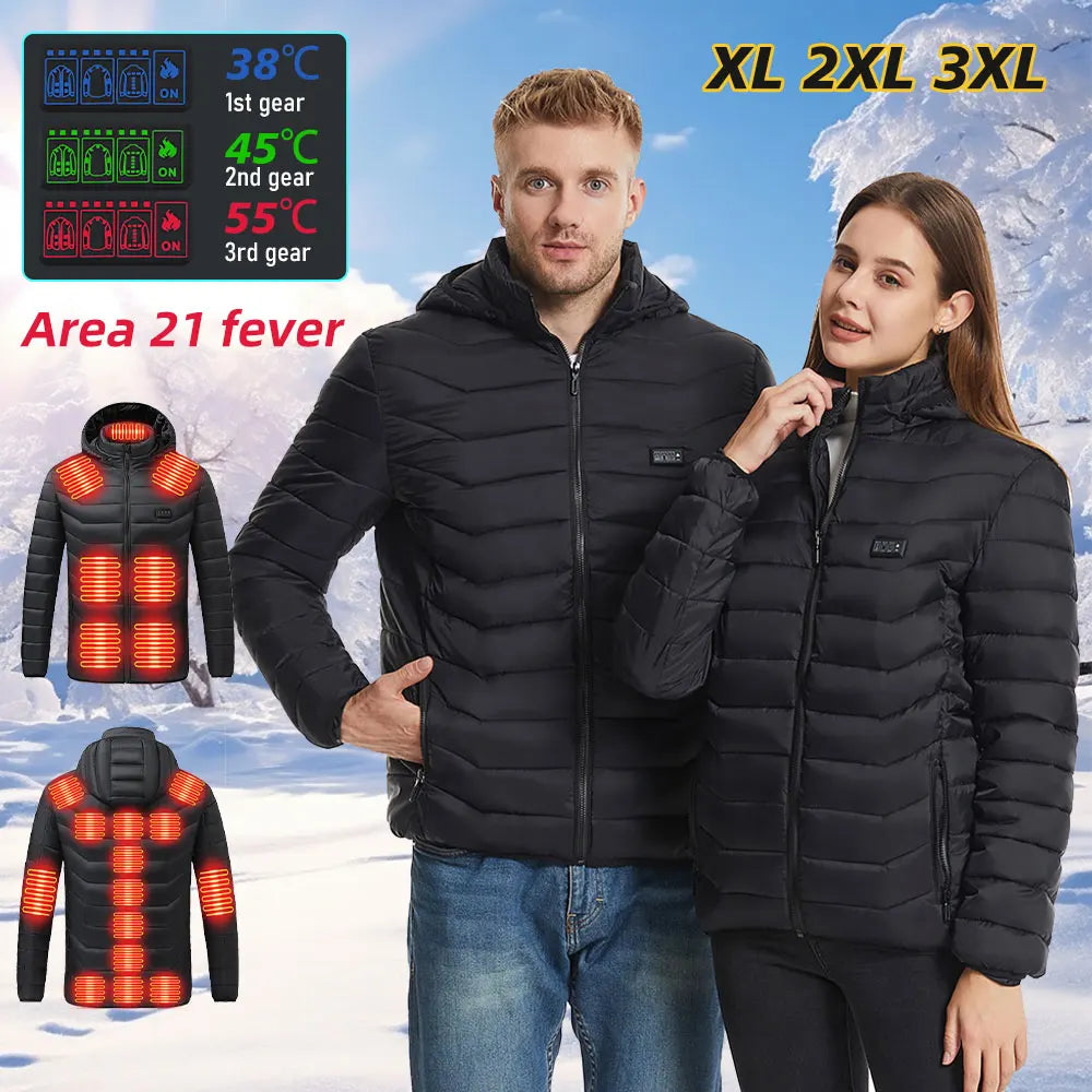 21 Areas Heating Jackets Smart Thermostat Pure Color Hooded Heated Clothing Winter USB Electric Heated Coat Self Heating Clothes