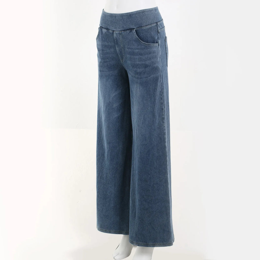 Casual Baggy Jeans Women's Elastic Waistband Wide Leg Jeans Elegant Slim Fit Denim Trousers American Retro Denim Palazzo Pants