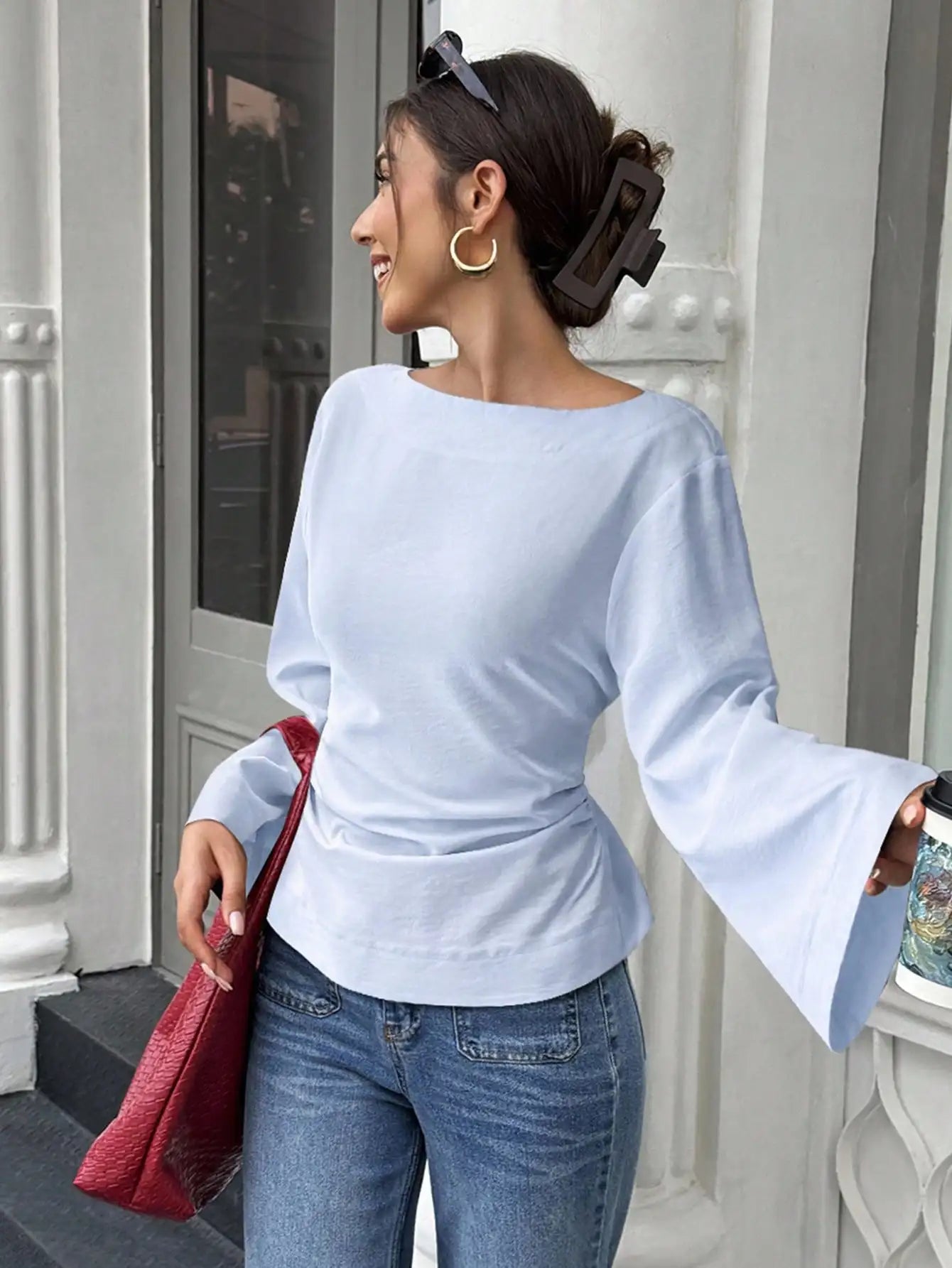 Women's Solid Black Waist-Cinched Flare Sleeve Blouse for Autumn
