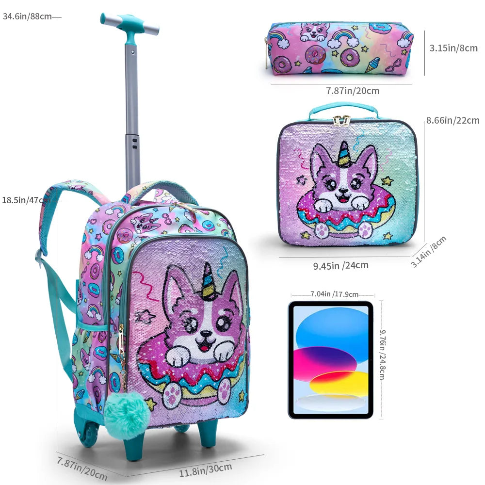3PCS Kids travel bag, Luggage Bag, Bookbag with wheels, With Lunch Box And Pen Bag, Green Puppy sequin, Nighttime reflective