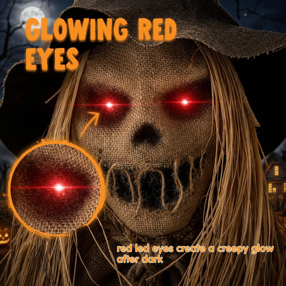 49" Halloween Animatronic Sitting Scarecrow, Halloween Sound Activated Jump Scare Prop with LED Eyes, Spooky Sounds