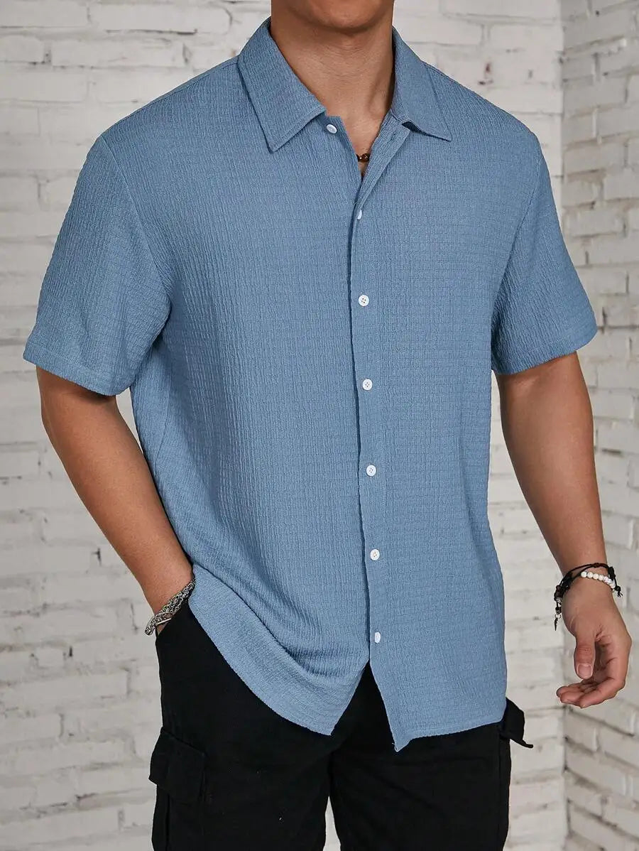 Men's Textured Knit Short Sleeve Button-Front Shirt, Loose Fit