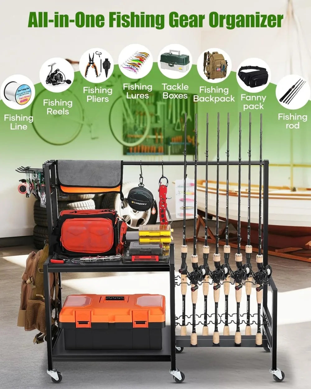 Fishing Rod Holder Holds Up to 16 Rods, Heavy Duty Rolling Cart with Wheels, Fishing Equipment Storage