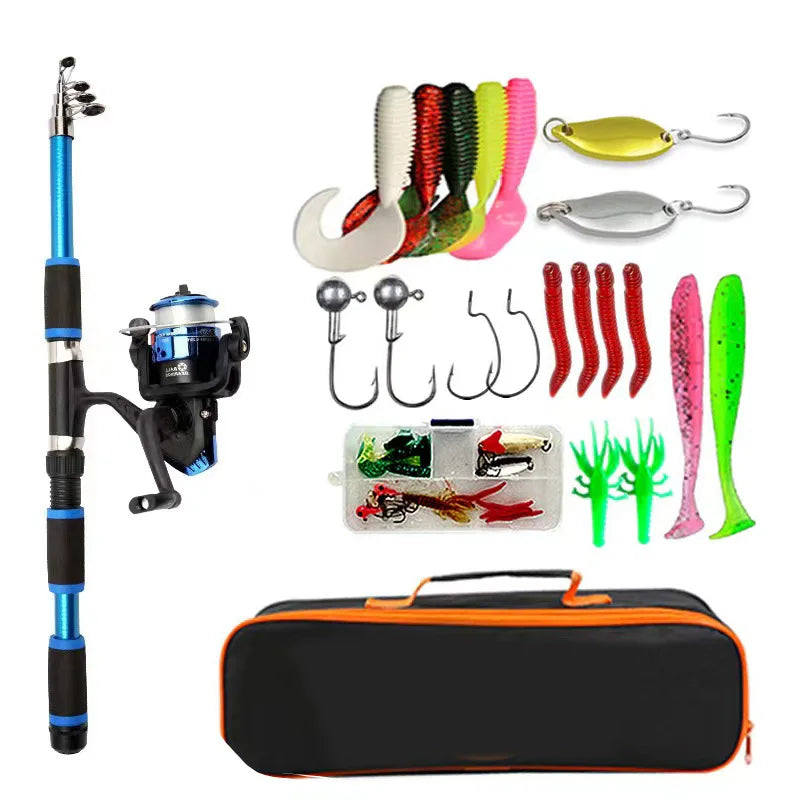Fishing Pole Set With Telescopic Fishing Rod And Spinning Reel Baits Hooks Travel Pole Set