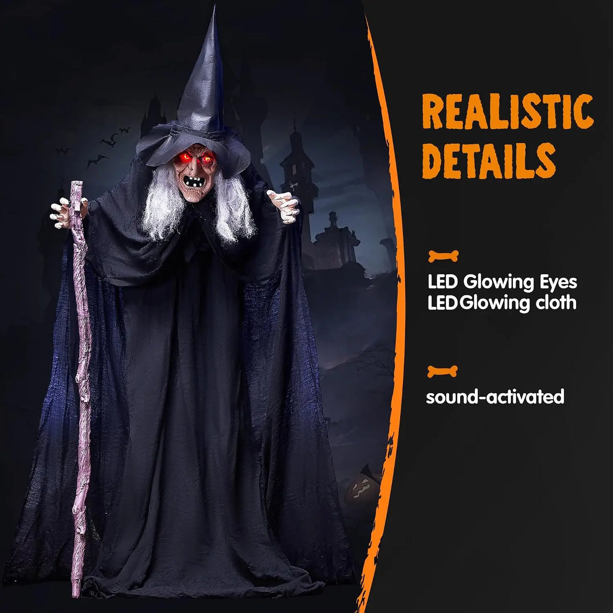 72" Animatronics Witch Outdoor Halloween Decorations with Cane Life Size with Creepy Sound and Light-up Eyes, Party Supplies