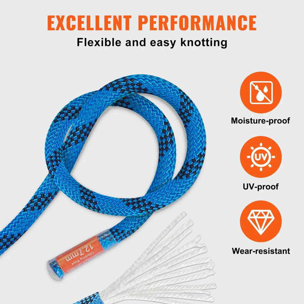VEVOR 12.7mm Static Climbing Rope 125/150/200ft Outdoor Rock Climbing Rope 30KN Breaking Tension Fiber Rope w/ Steel Snap Hooks