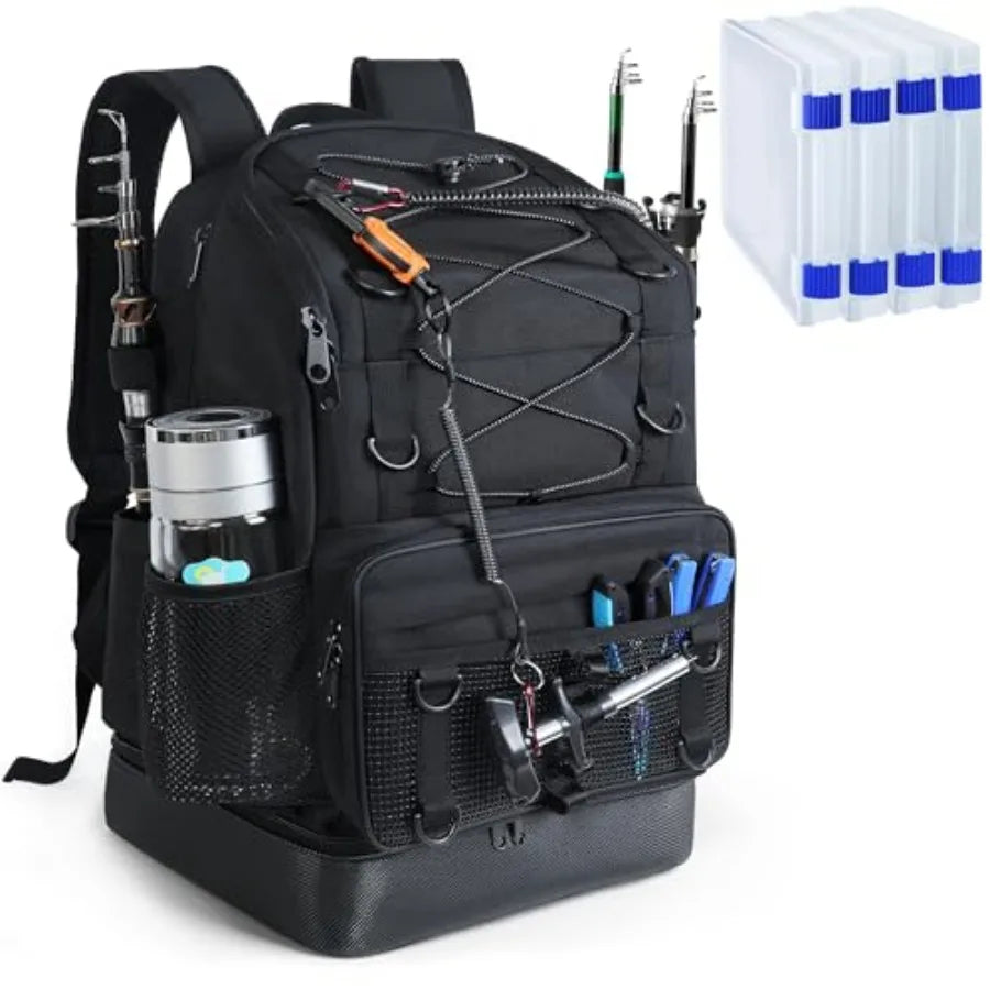Fishing Backpack with 4 Tackle Boxes, Heavy Duty Fishing Bag with Waterproof Bottom, Tackle Backpack