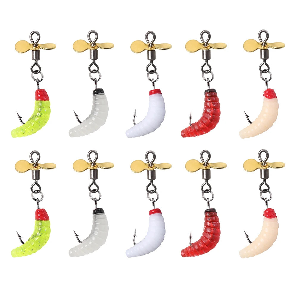 10Pcs Propeller Spinner Worm Bait Soft Maggot Baits Silicone Artificial Bait for Trout Perch Bass