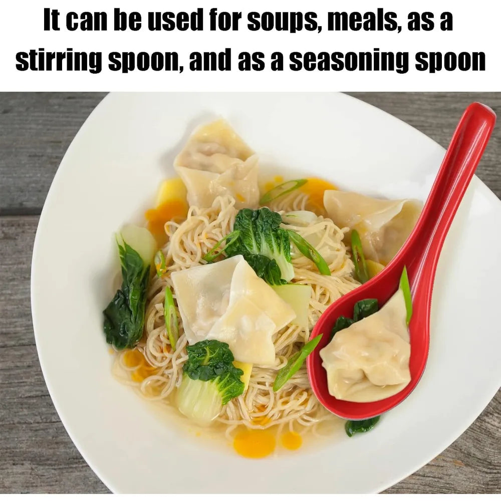 2PCS Wonton Soup Spoons, Chinese Japanese Miso Ramen Dumpling Pho Rice Noodle Soba Soup Spoons, Red and Black Melamine Spoons