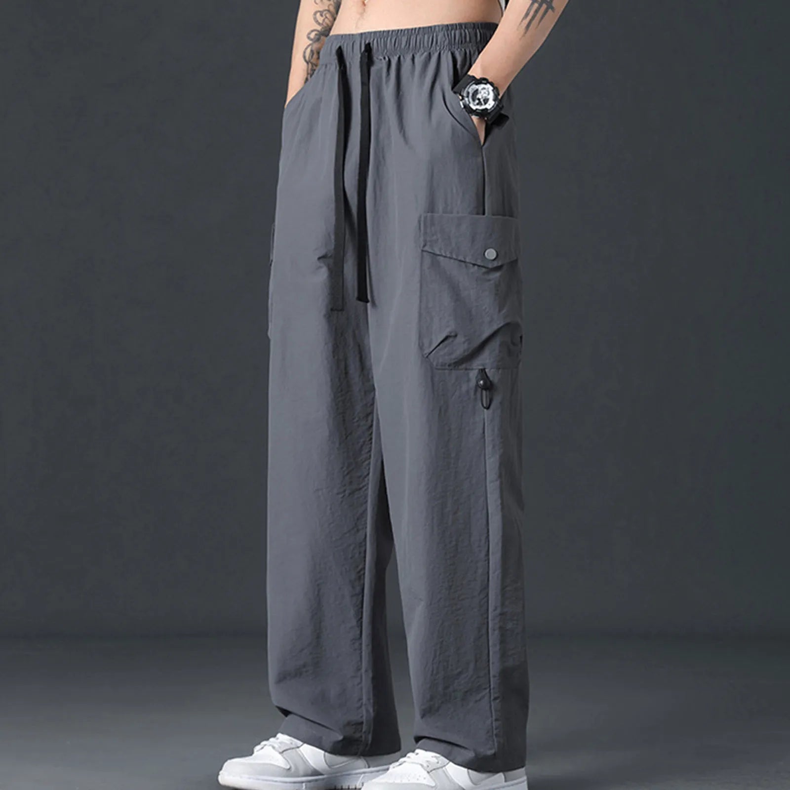 Men's Straight Leg Cargo Pants Breathable Elastic Waist Drawstring Pocket Wide Leg Pants