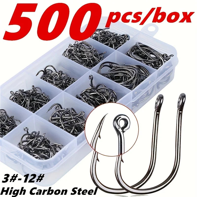 500Pcs Pack of Fishing Hooks with Barbs – Size 3-12# Black Stainless Steel Hooks
