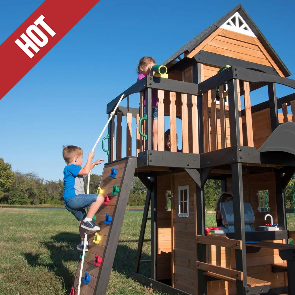 Canyon Creek Cedar Wood Swing Set with Wave Slide, Clubhouse, Play Kitchen, Picnic Area, Belt Swings, Web Swing, Rock Wall,