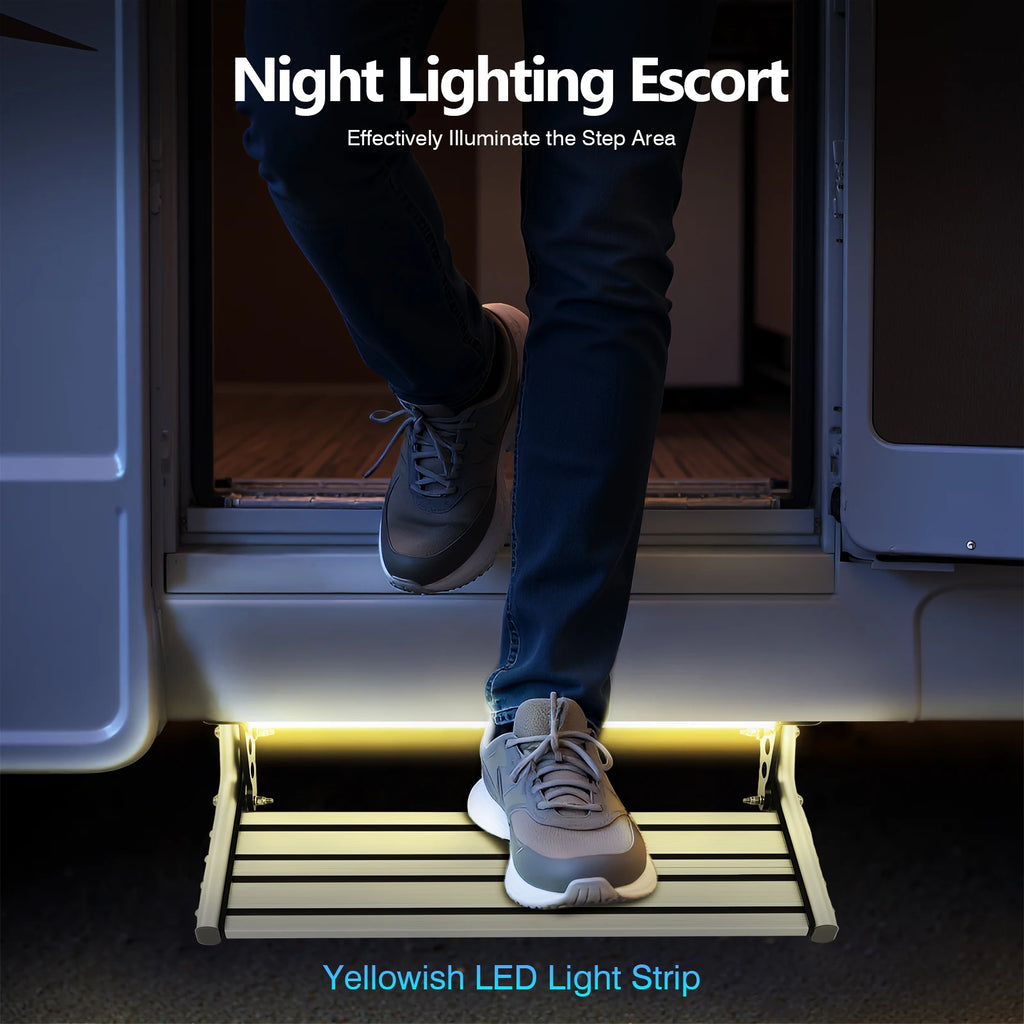 Folding RV Step, 44cm Manual RV Step with LED Light, Loading 150kg Telescopic