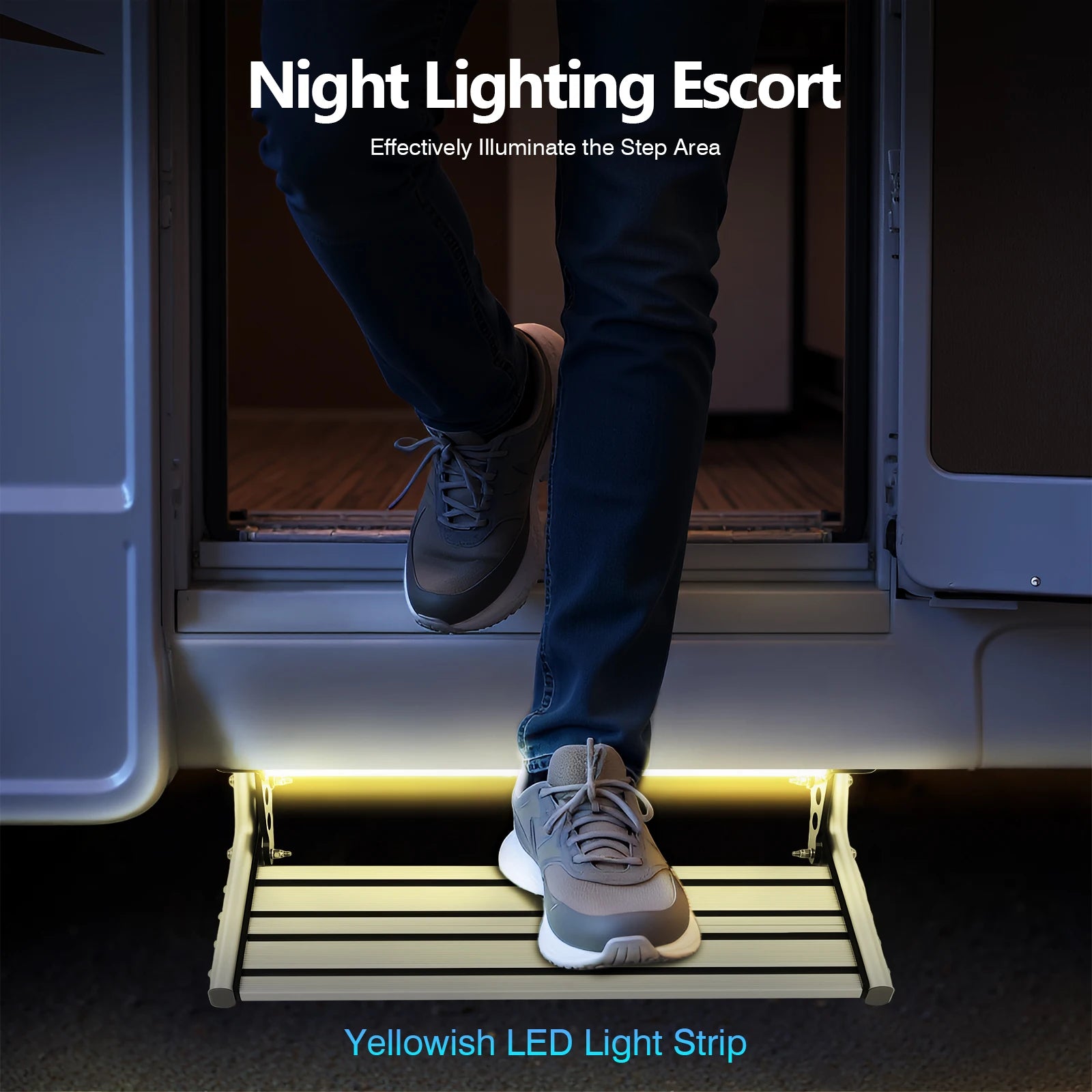 Folding RV Step, 44cm Manual RV Step with LED Light, Loading 150kg Telescopic