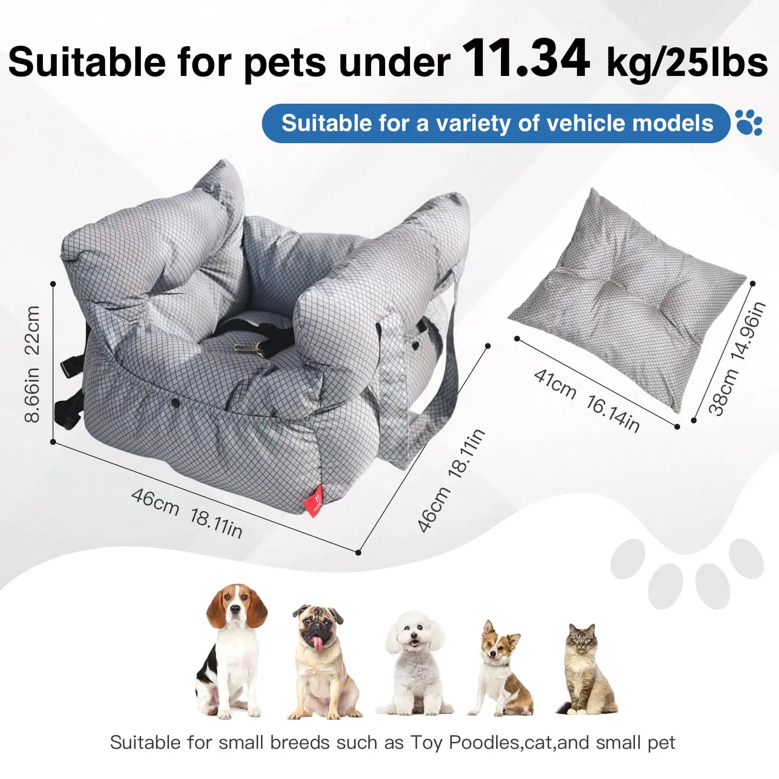 2-in-1 Dog Car Seat Carrier Bag - Detachable with Handles and Safety Belt, Travel Dog Booster Seat