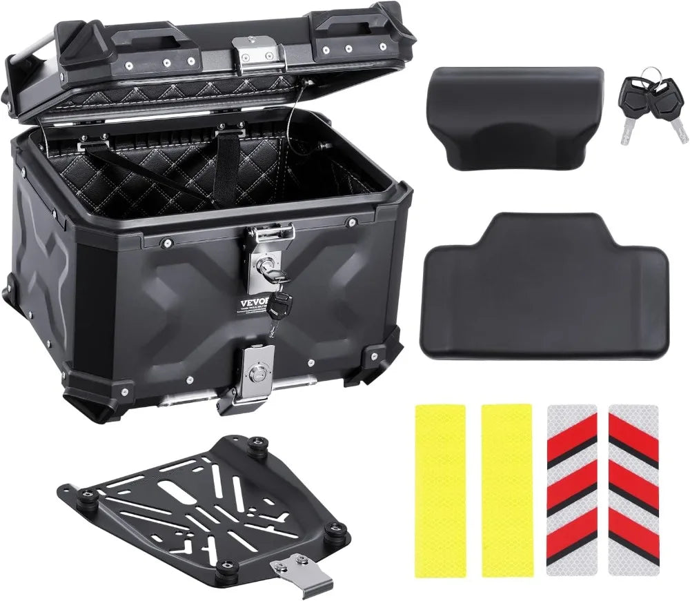 55L Universal Motorcycle Top Box, Waterproof Aluminum Alloy Tail Trunk with Lock & Back Cushion