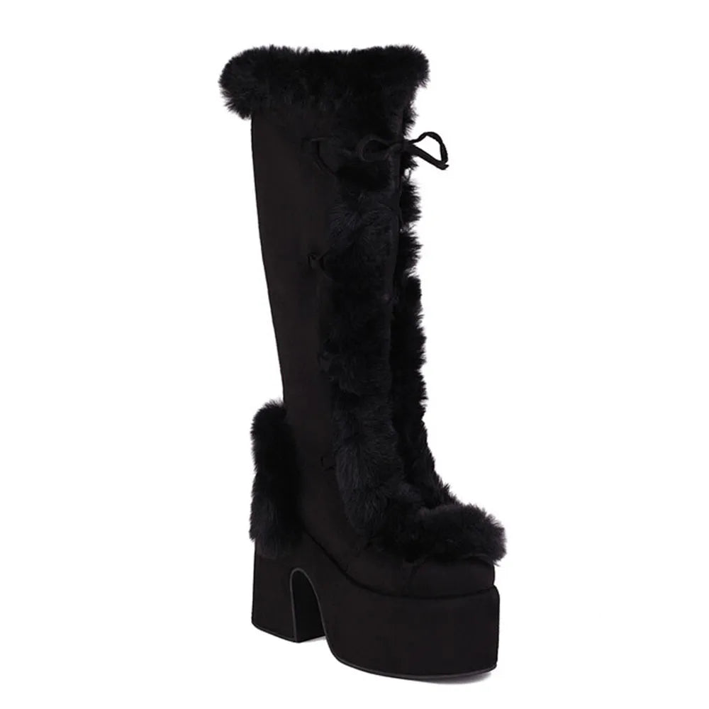 GIGIFOX Fur High Heel Platform Mid-Calf Boots For Women Faux Suede Round Toe Side Zipper Lace-Up