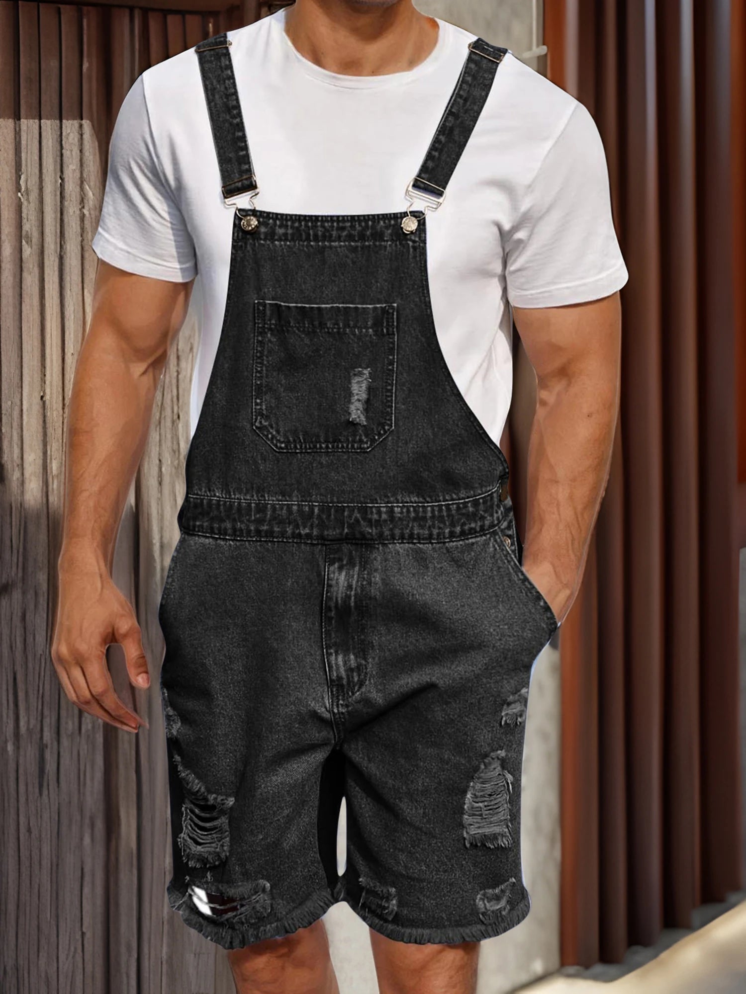 Men s Distressed Denim Overall Shorts Sleeveless Solid Color Loose Fit Jumpsuit