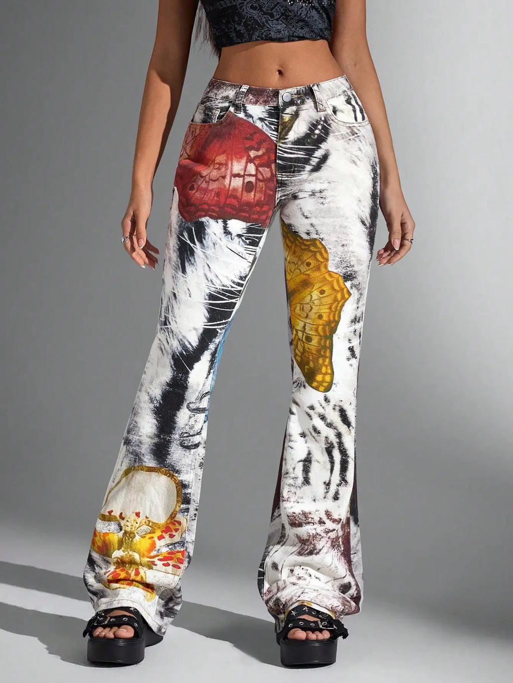 Y2K Butterfly Print Flared Denim Jeans Vintage Streetwear Graphic Pants