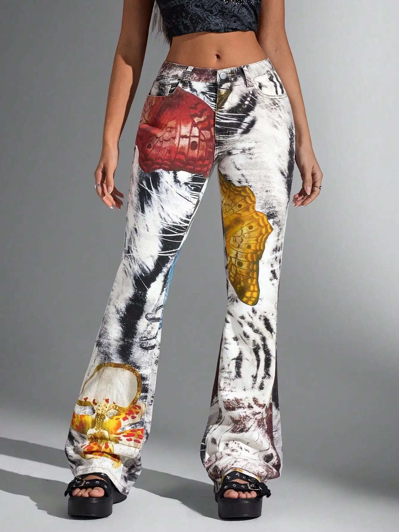 Y2K Butterfly Print Flared Denim Jeans Vintage Streetwear Graphic Pants