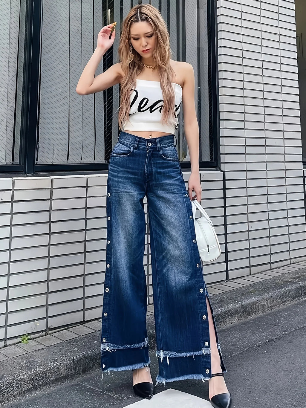 Women's casual wide-leg jeans, adjustable side buttons, double-layer frayed hem, ankle-length