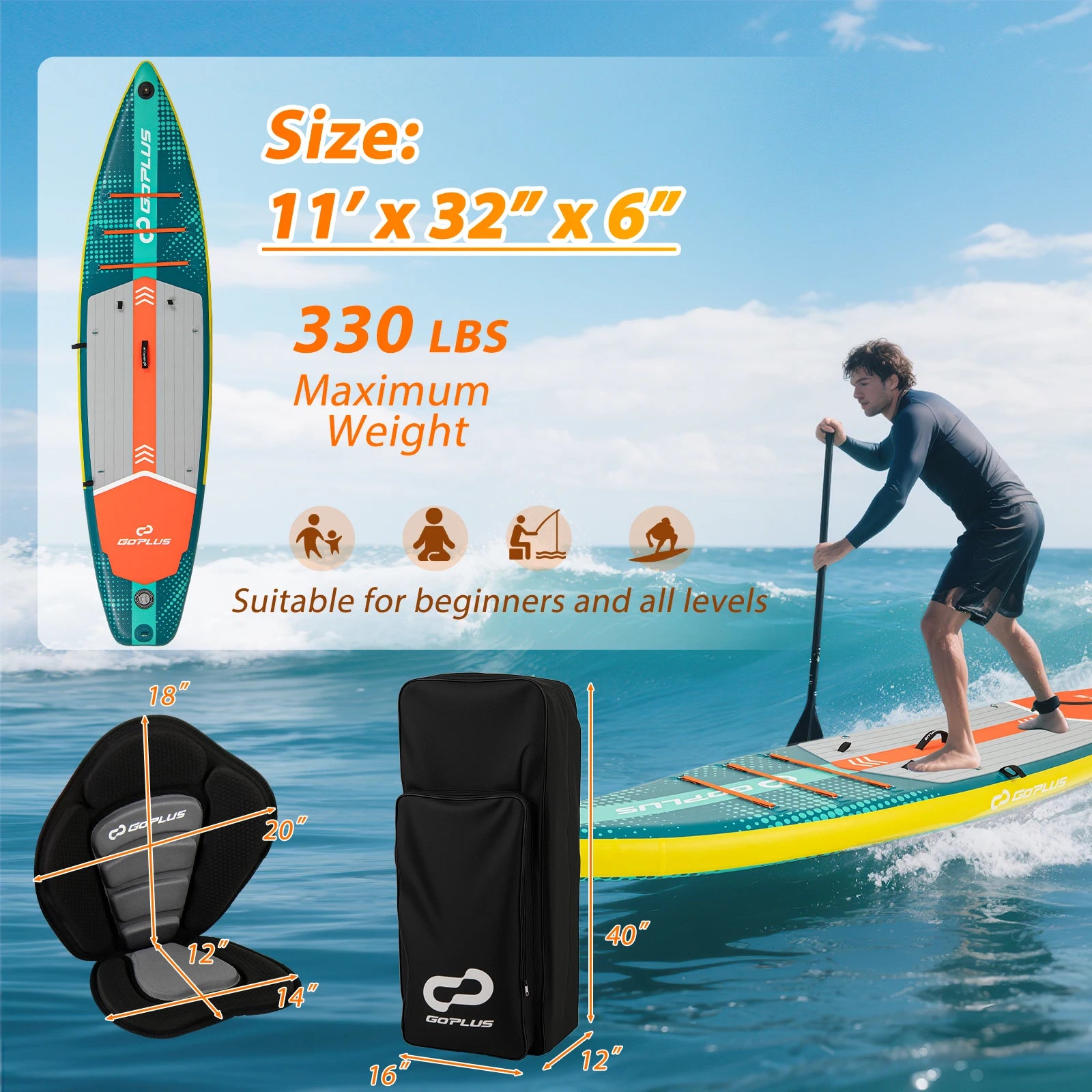 11' Inflatable Stand Up Paddle Board for Adults w/ Kayak Seat Leash Hand Pump