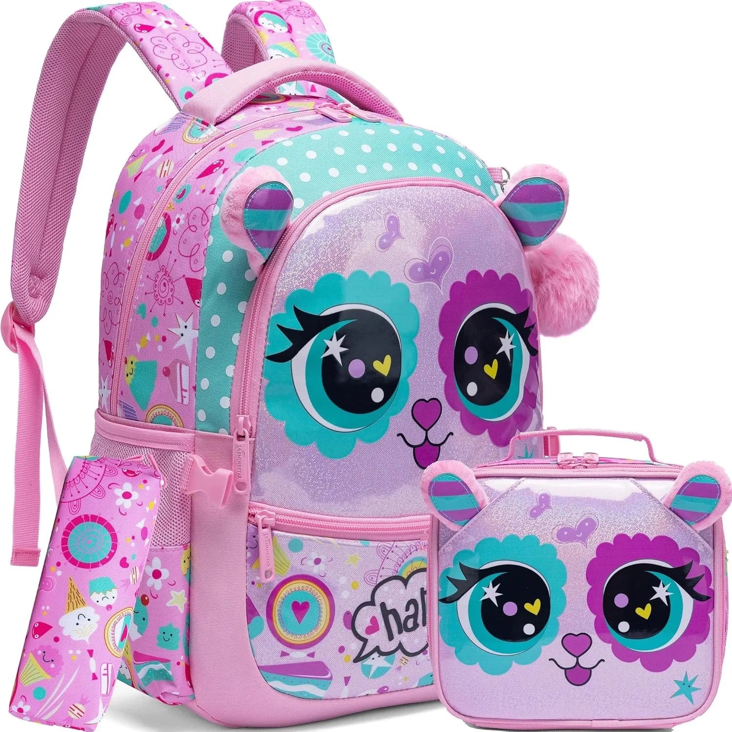 3PCS School Backpack for Kids Cute Animal Print Backpack with Lunch Bag Large Capacity Lightweight Bookbag