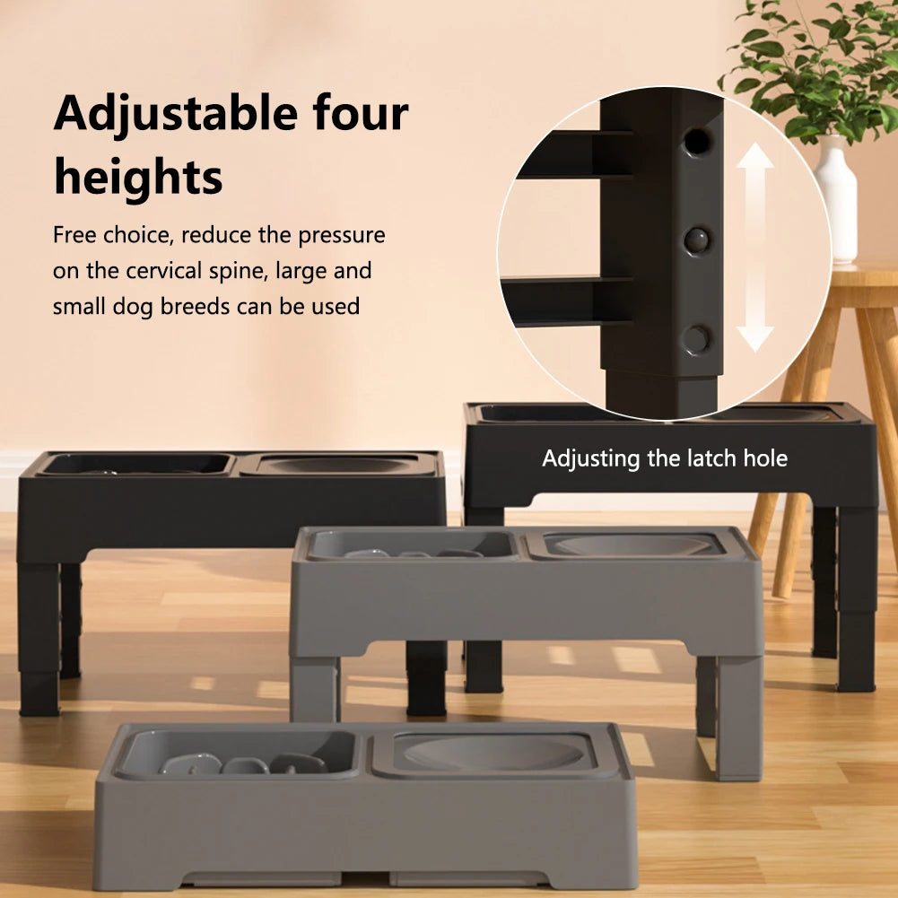 Elevated Dog Food Slow Feeder 4 Adjustable Heights Raised with Stainless Steel Bowls Anti Slip Dog Water Bowl