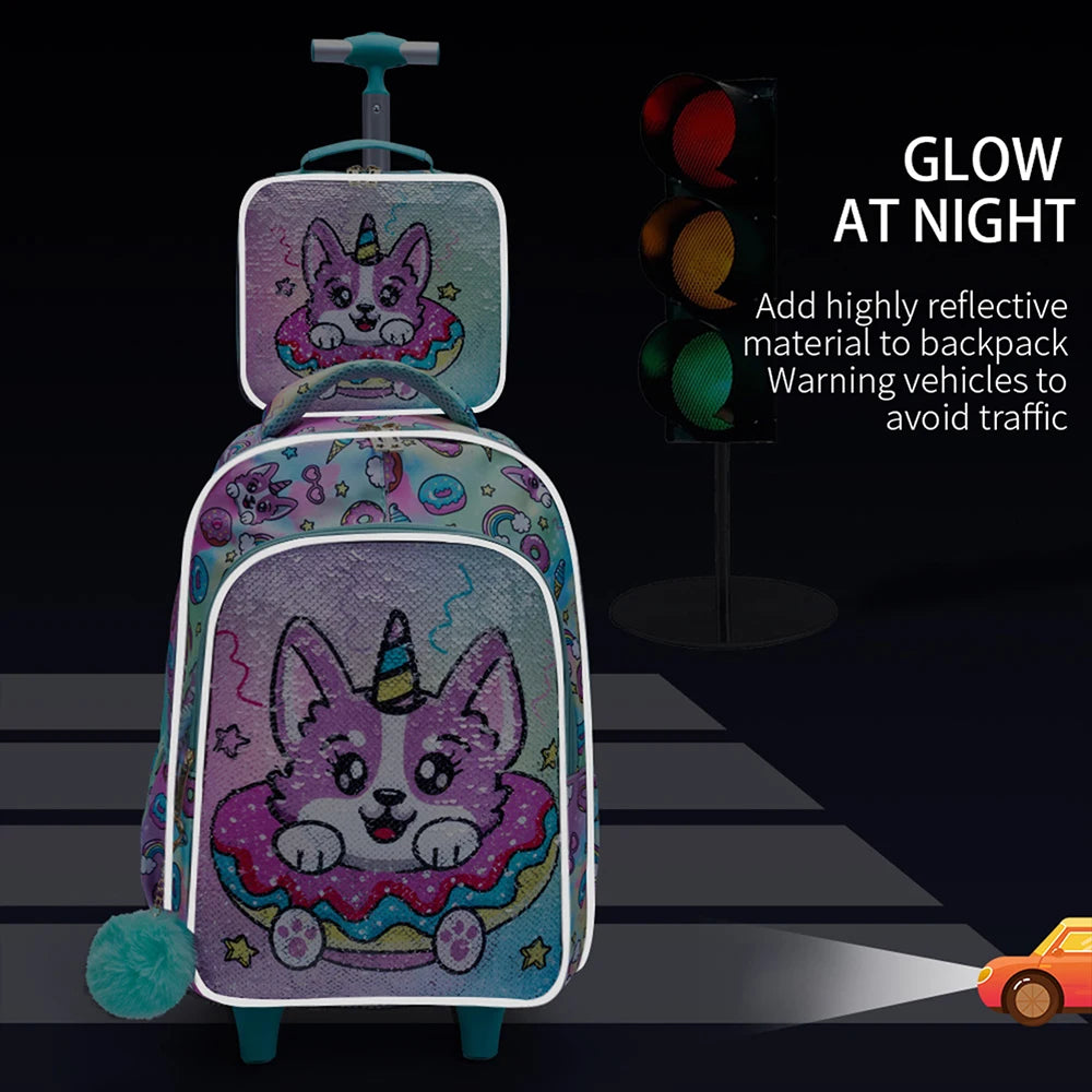3PCS Kids travel bag, Luggage Bag, Bookbag with wheels, With Lunch Box And Pen Bag, Green Puppy sequin, Nighttime reflective