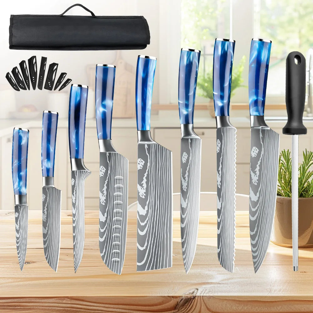 8PCS Resin Handle Carbon Steel Chef Knives Meat Cleaver Fruit Vegetable Slicing