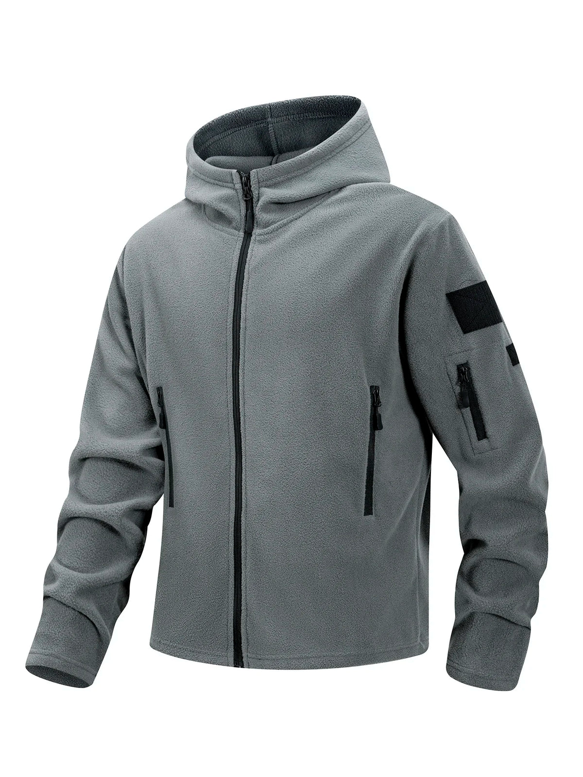 Men Fleece Hooded Jacket Full Zip Hoodie Multi Zipper Pockets Hook & Loop Patch Panel Coat Outdoor