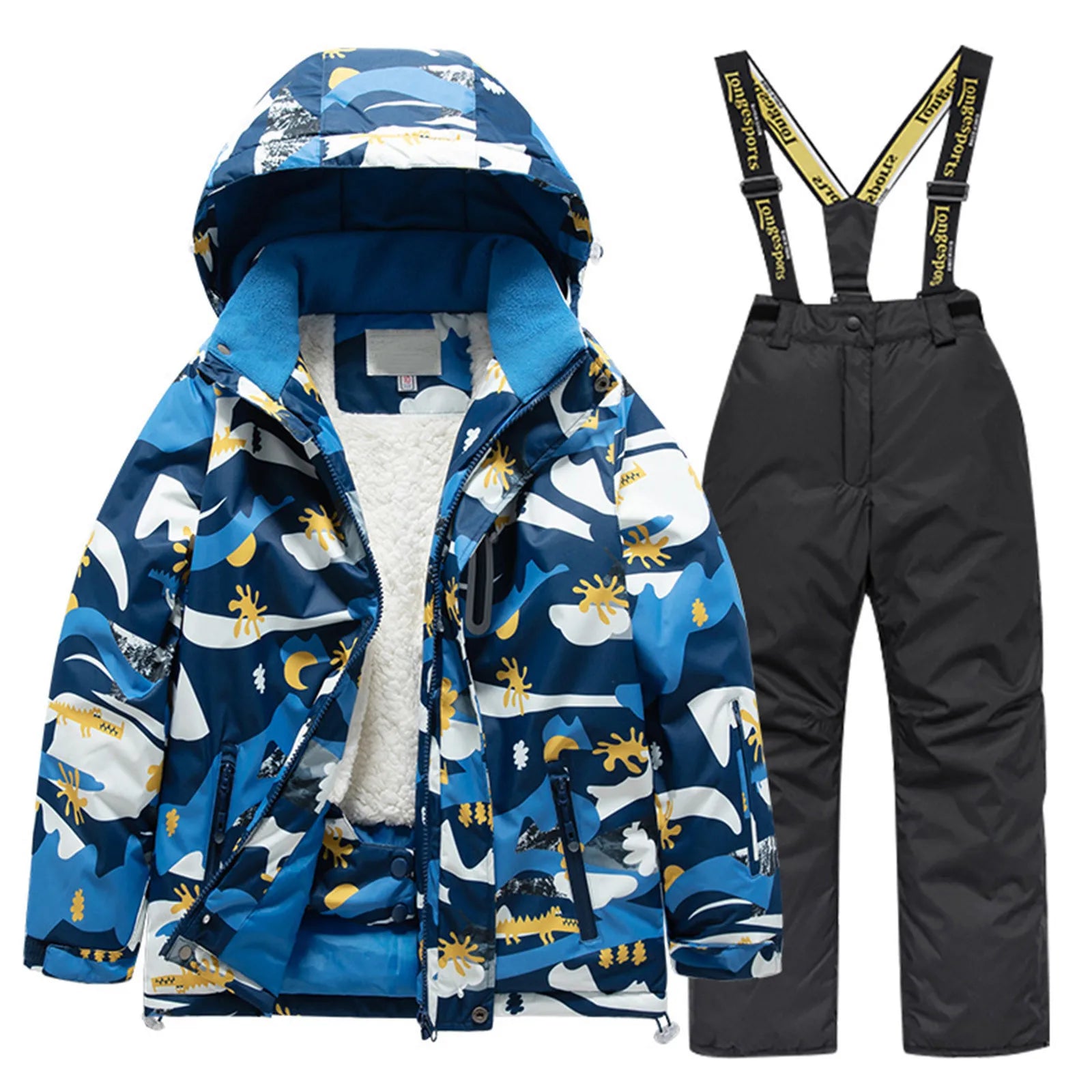 Kids Fleece Lined Ski Jacket & Pants Set Winter Windproof Coats Girls Handsome Boys
