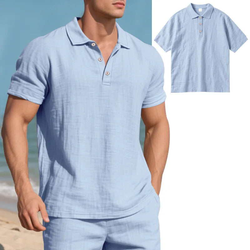Men s Casual Short Sleeve Linen Shirt with Lapel Collar and Button Detail - Lightweight