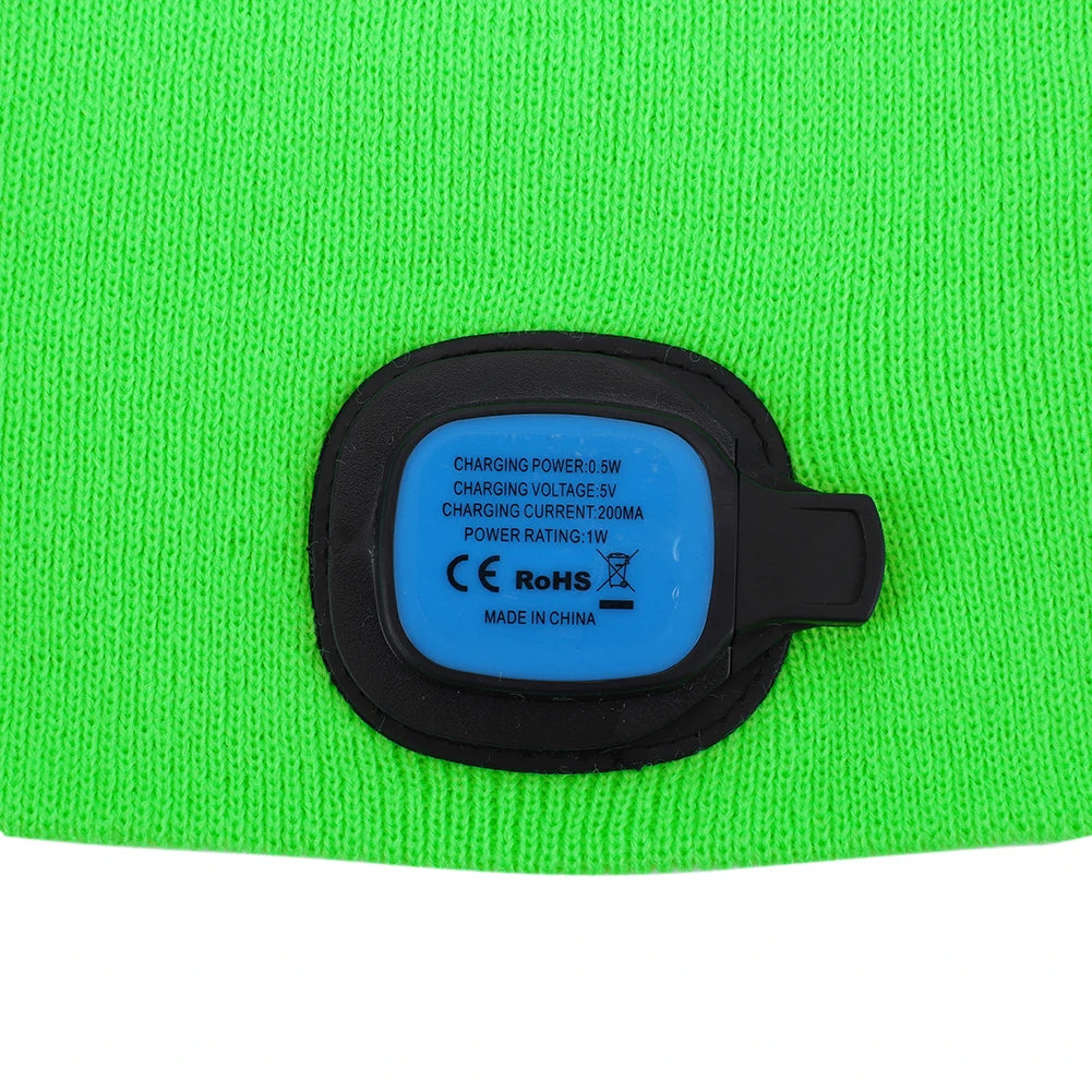 Winter Warm Knit Beanie 8 Hours High Powered Light 4 LED, USB Rechargeable Hands Free Headlamp Cap