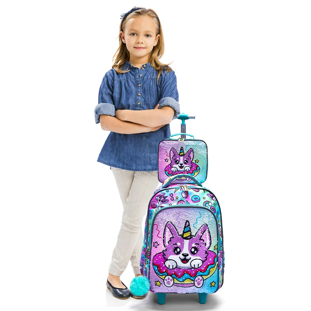 3PCS Kids travel bag, Luggage Bag, Bookbag with wheels, With Lunch Box And Pen Bag, Green Puppy sequin, Nighttime reflective
