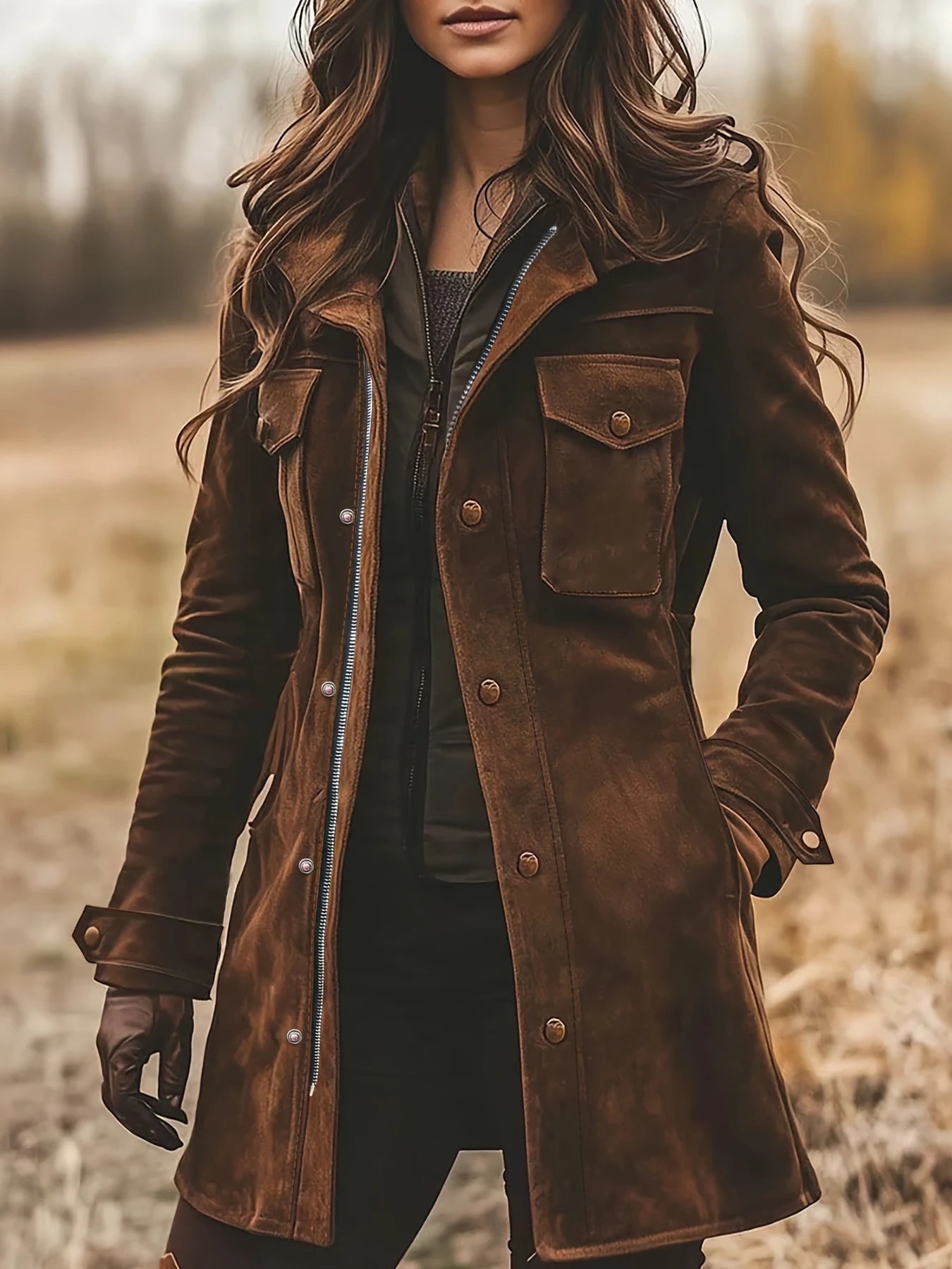 Women's Vintage Suede Turtleneck Casual Jacket, a Versatile and Elegant Mid-Length Coat,