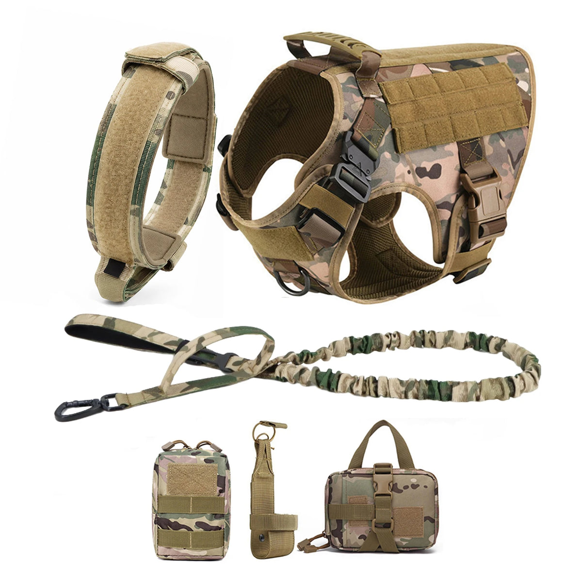Tactical Dog Harness Collar Leash Molle Pouches For Medium Large Dogs Pet