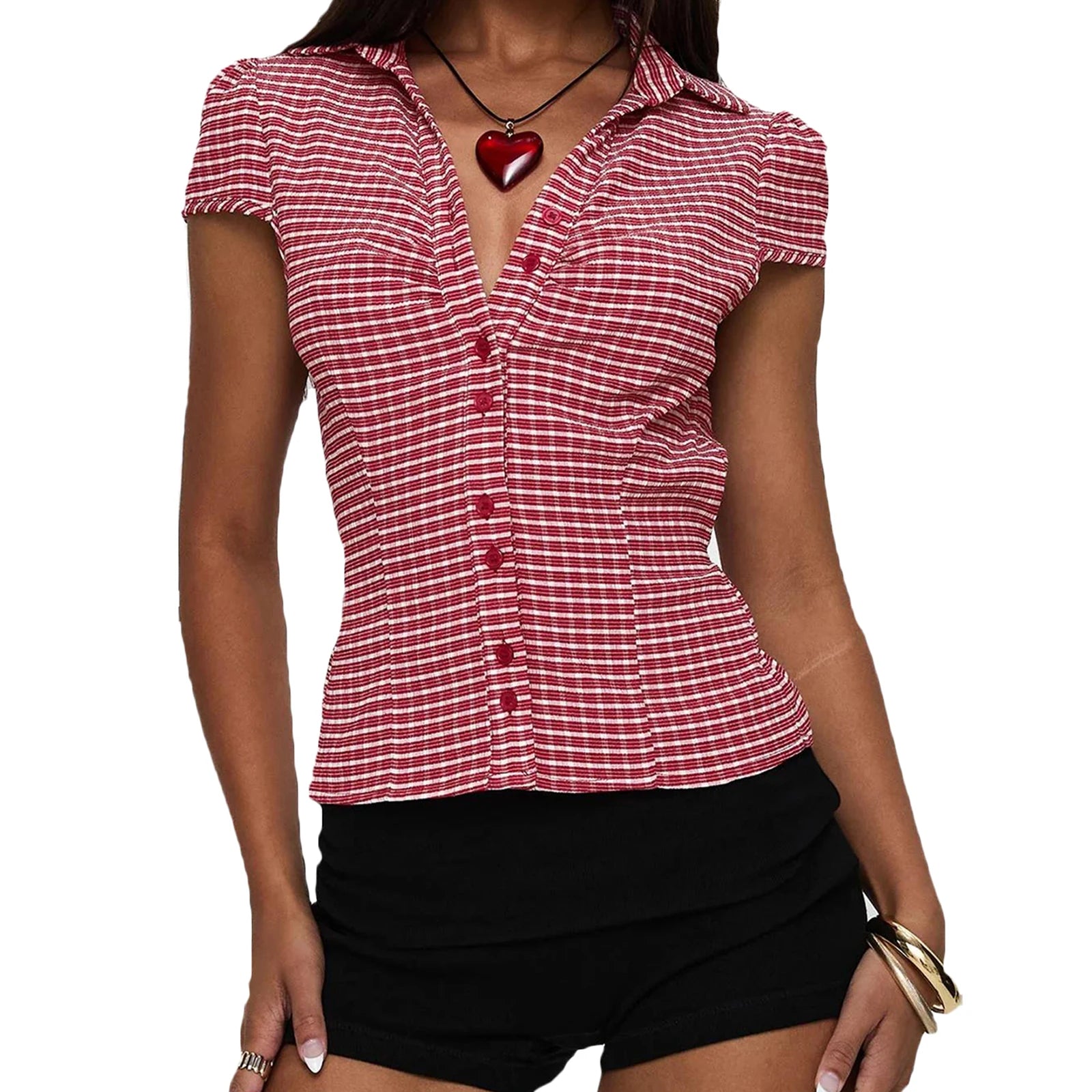 Women s Stylish Plaid Print Short Sleeve Shirt Lapel Button