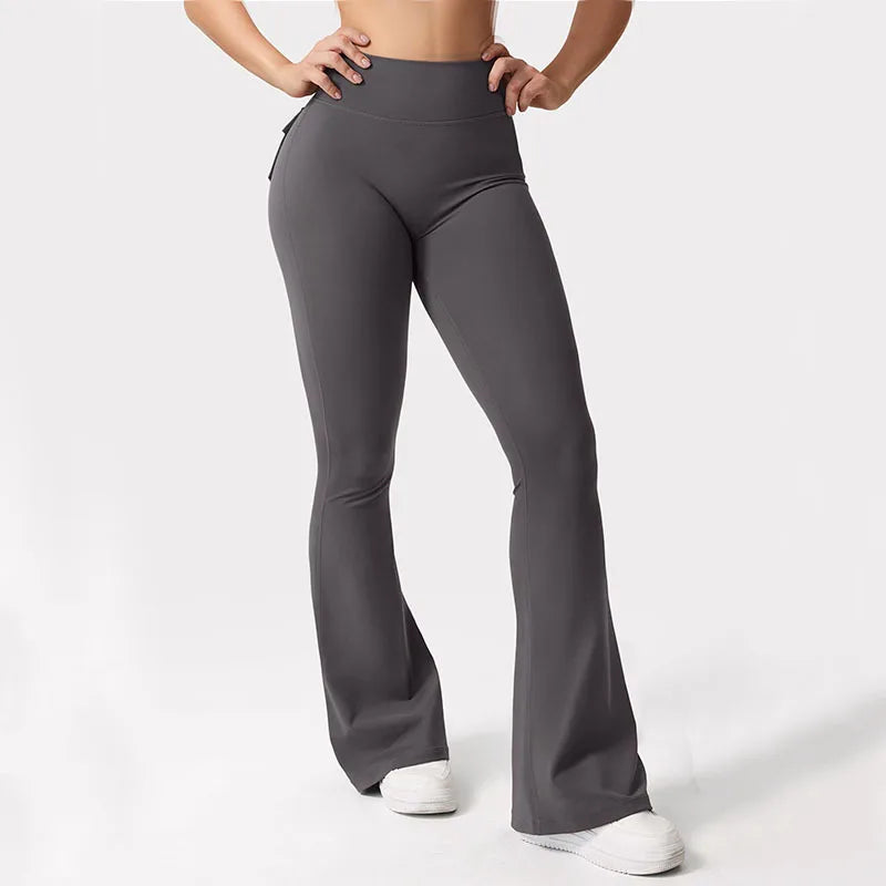 Women's Yoga Flare Trousers, High-Waisted Tummy-Control Wide-Leg Trousers Outdoor with Pockets