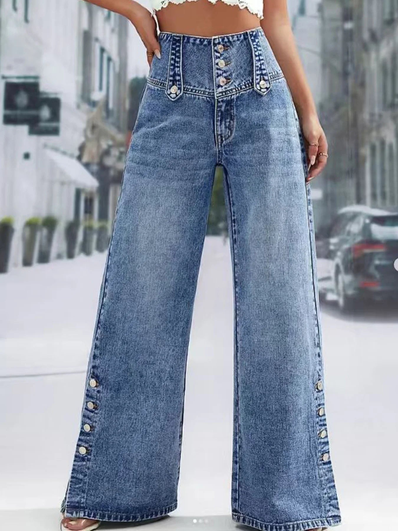 Ladies Wide-Leg Jeans with Buttons, Loose Fit, Mid-Waist, Slightly Stretchy