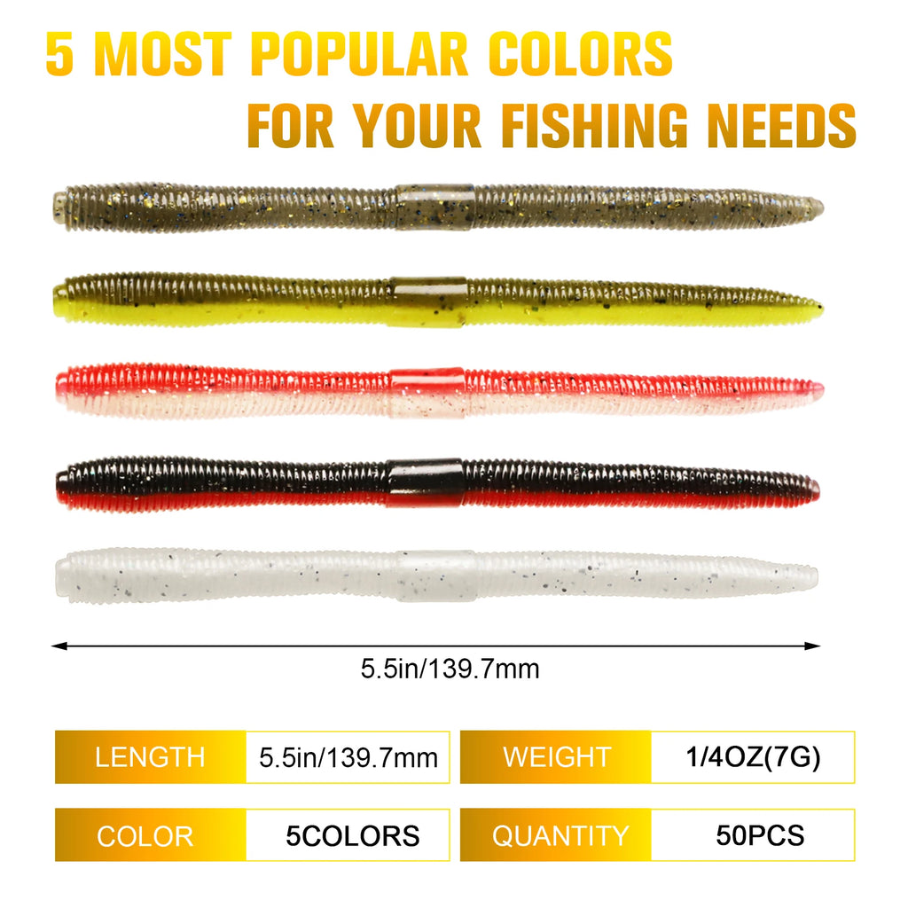Dovesun 50PCS Wacky Worm for Bass Trout Fishing Worms Kit with Soft Plastic Baits