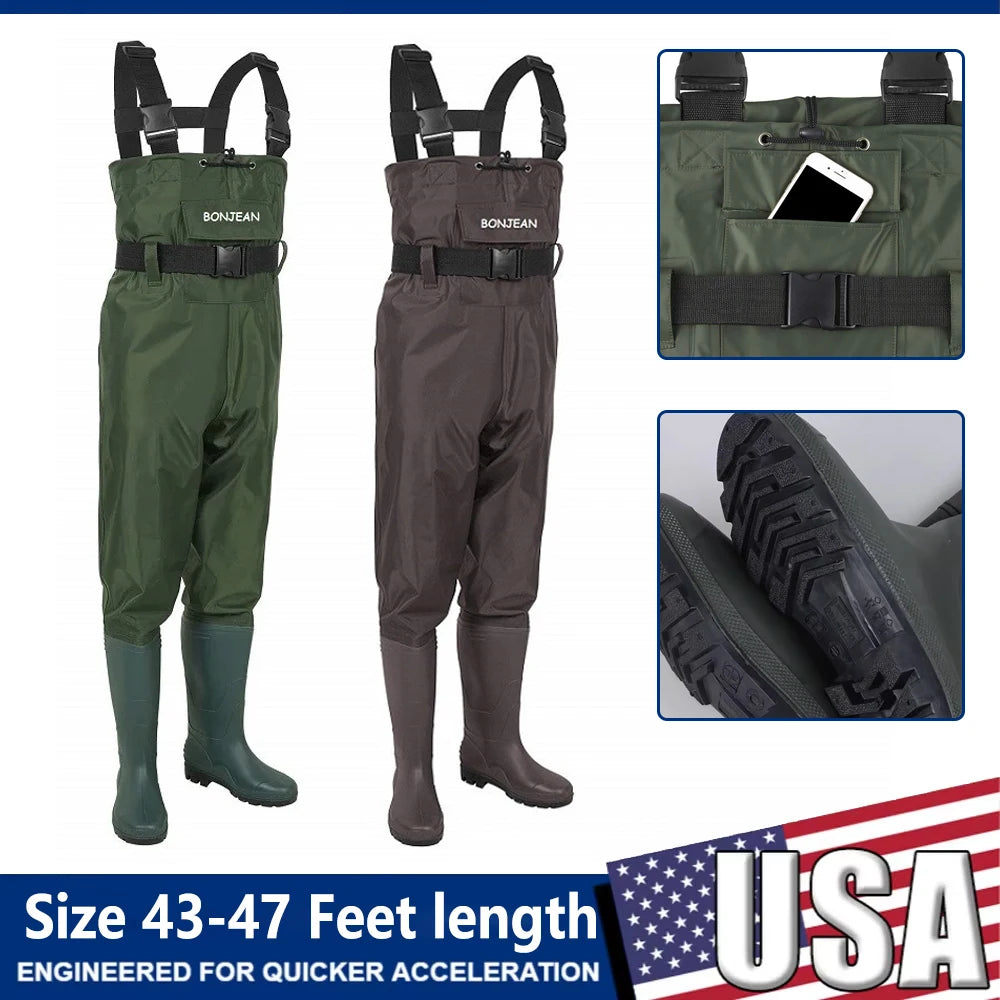 Waterproof Fishing Waders Pants Chest-Length Wader With Boots Durable Breathable