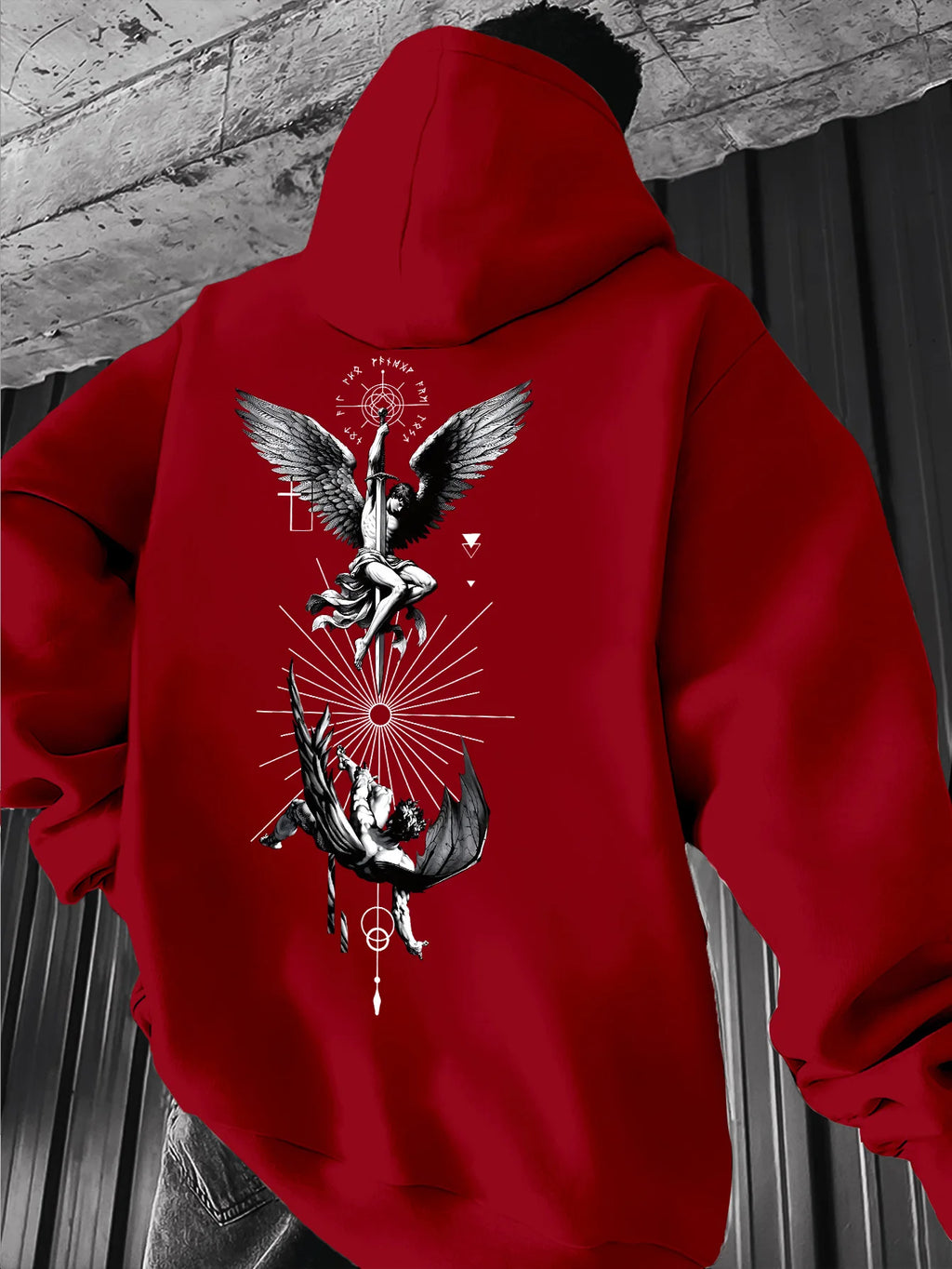Men's Gothic Angel & Tarot Print Hooded Sweatshirt - Longr, Machine /Fall Layering (Tarot Card Design, Regular Fit)
