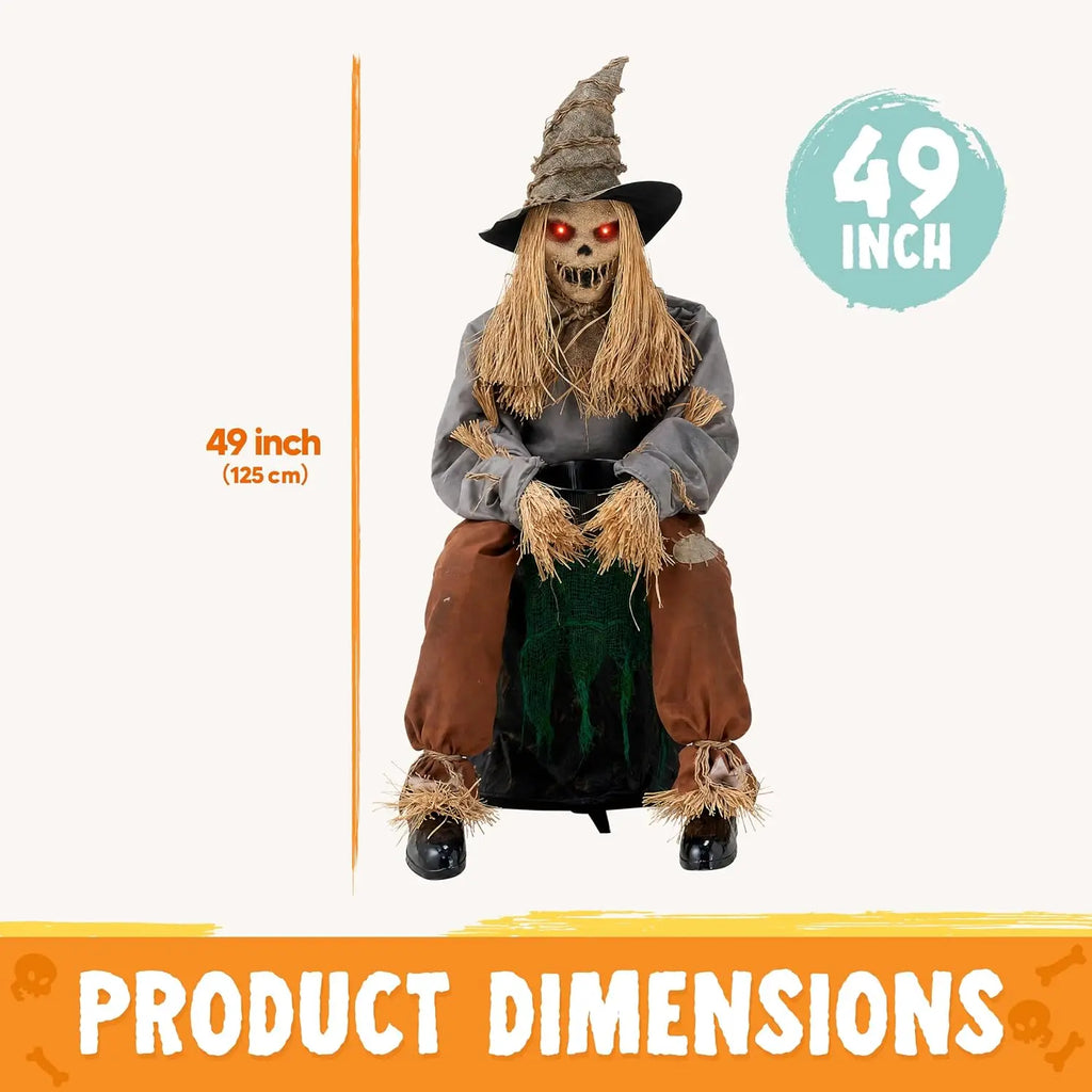 49" Halloween Animatronic Sitting Scarecrow, Halloween Sound Activated Jump Scare Prop with LED Eyes, Spooky Sounds