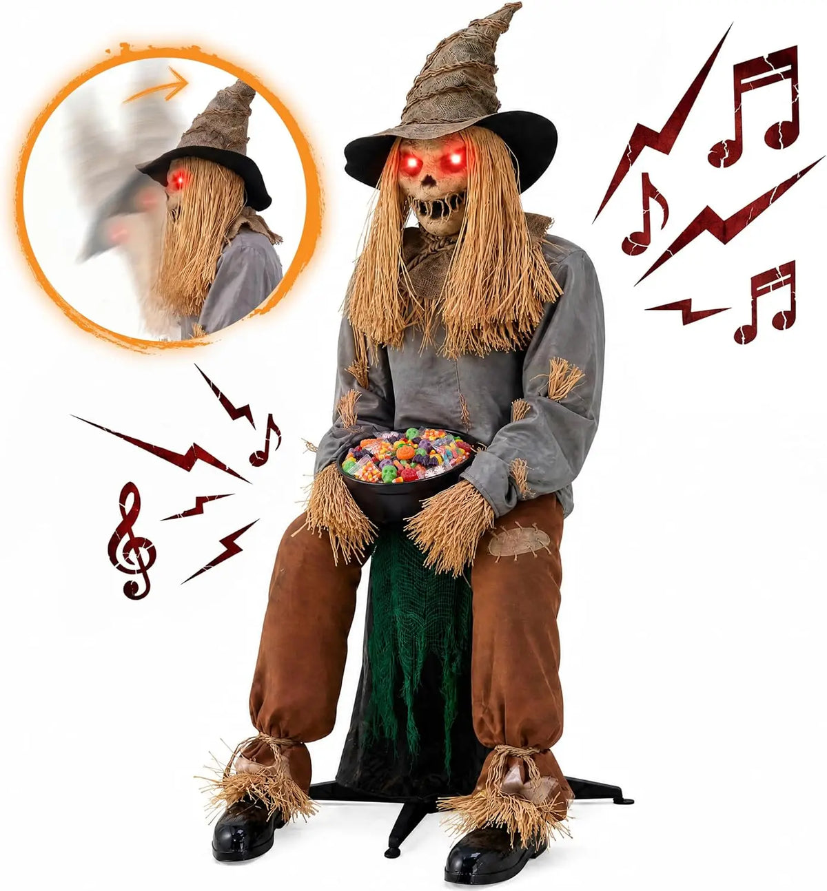 49" Halloween Animatronic Sitting Scarecrow, Halloween Sound Activated Jump Scare Prop with LED Eyes, Spooky Sounds